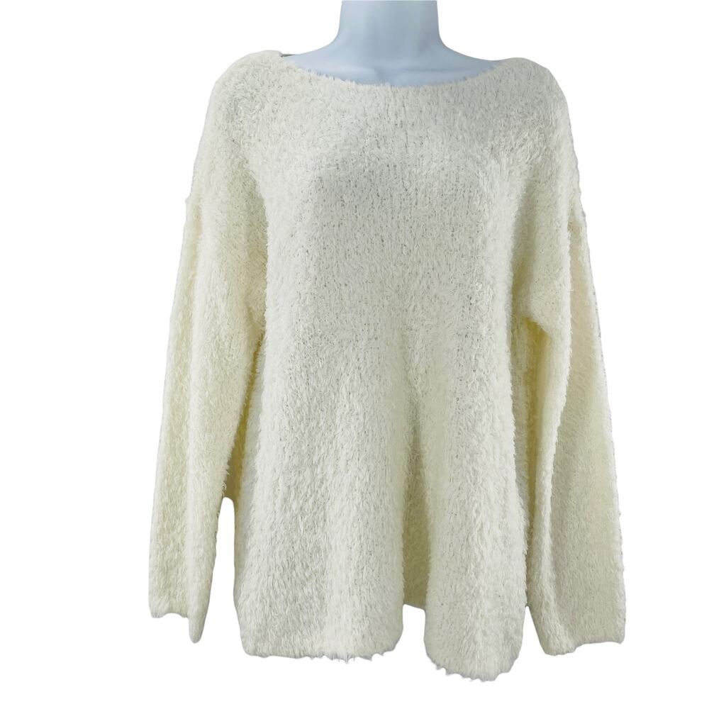 LOU & GREY White Fuzzy Boat Neck Long Sleeve Pullover Wool Blend Sweater Top S